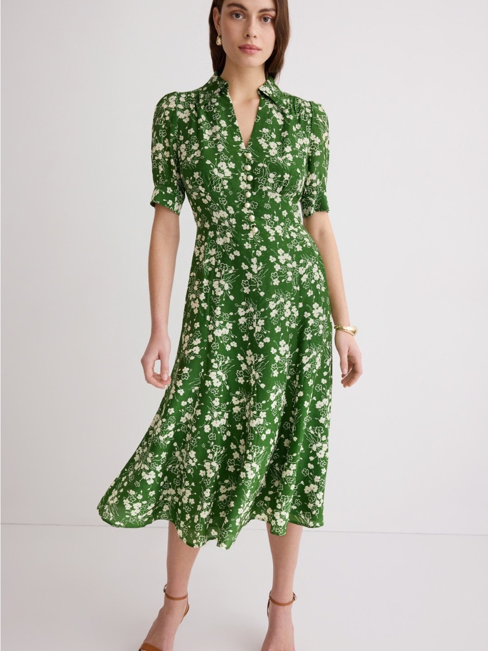 LK Bennett Sophia Wildflower Green Floral Button-Front Midi Dress
